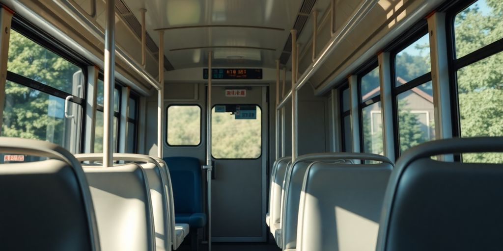 Interior de autobuz de transport public dezinfectat.