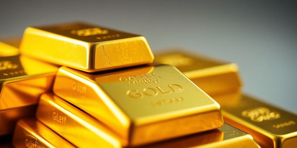 Barres d'or empilées avec une lumière douce.