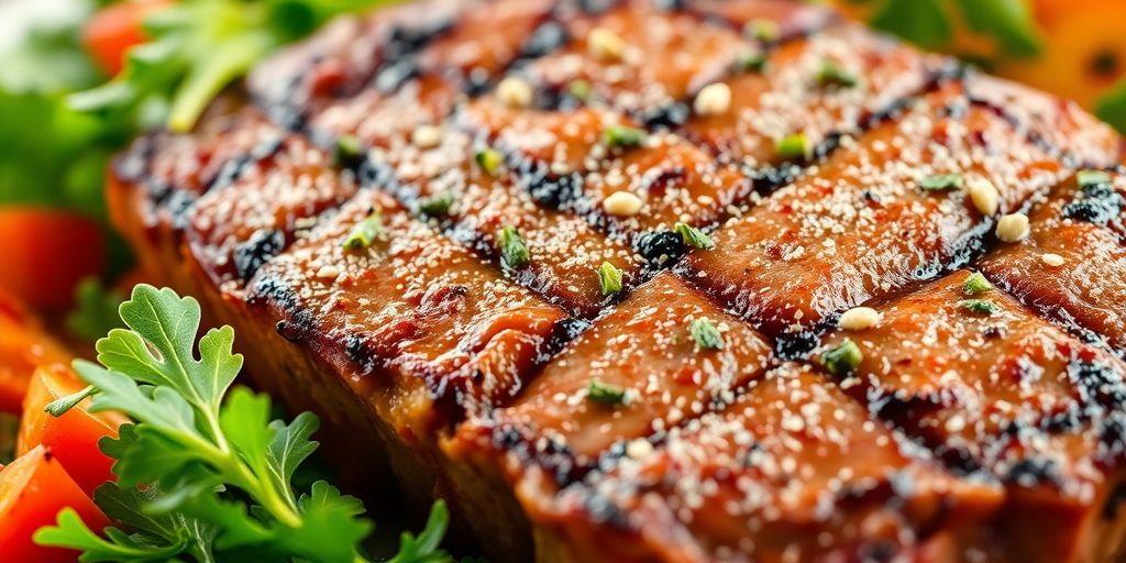 Close-up of a juicy beef steak with colorful vegetables.