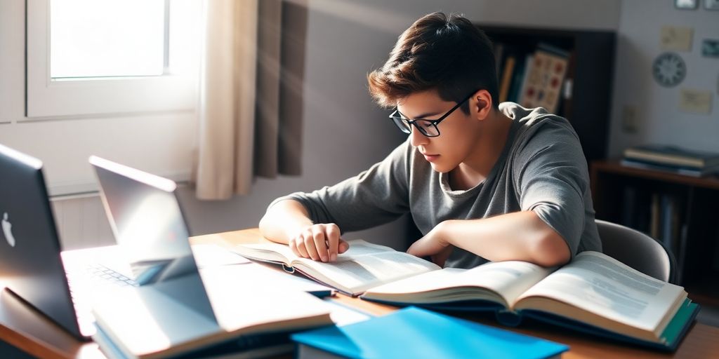 Focused student studying with books and laptop at desk.