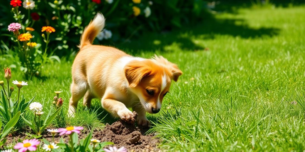 A dog digging in a vibrant green yard.