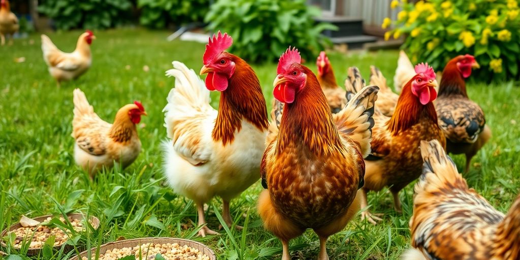 Healthy chickens foraging in a green backyard setting.