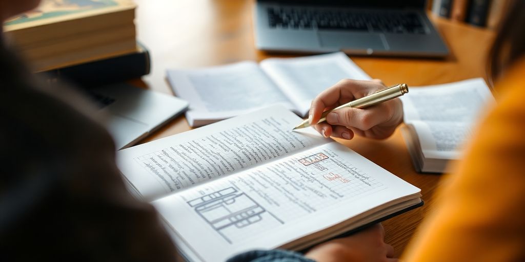 Person writing notes with textbooks and a laptop nearby.
