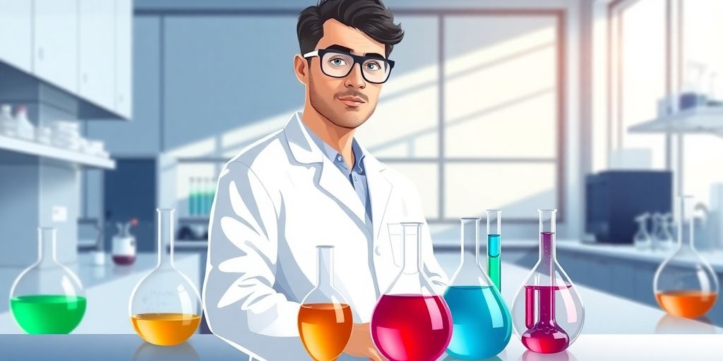 Scientist in lab coat, holding beaker.