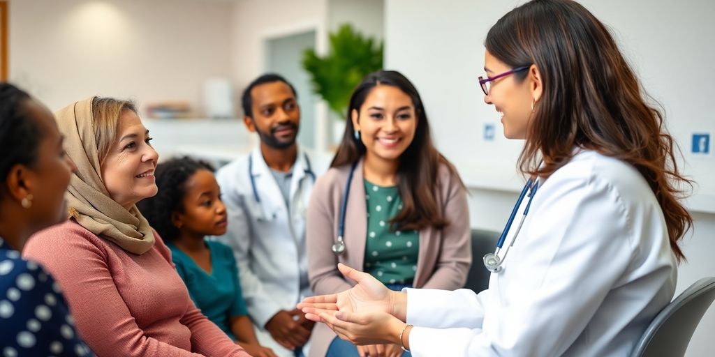 Medical professionals engaging with diverse patients in a clinic.