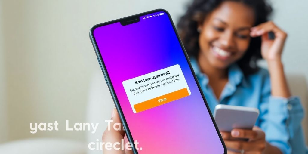 Pessoa feliz usando smartphone para solicitar crédito.