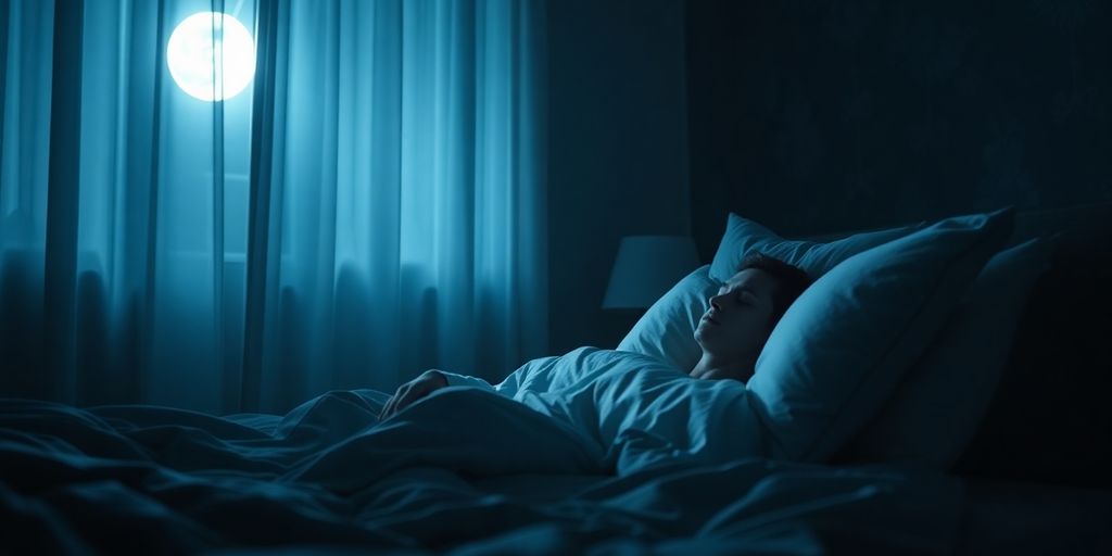 Person sleeping peacefully in a serene bedroom.