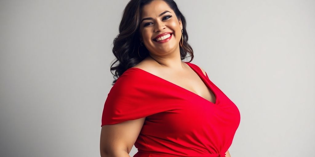 Plus size woman wearing a flowing red maxi dress.
