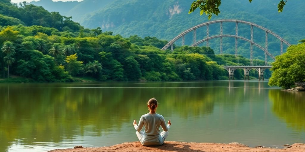 Person meditating by a river in Thailand's tranquil nature.