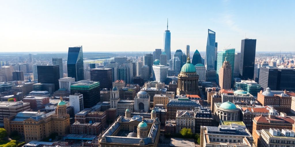Aerial view of a vibrant UK city skyline.