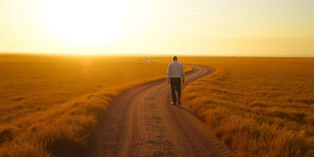 Person walking on path towards bright light.