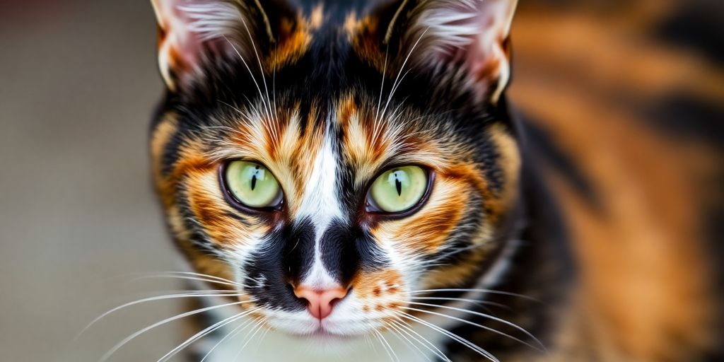 A tortoiseshell cat with distinct patches of black, white, and orange.