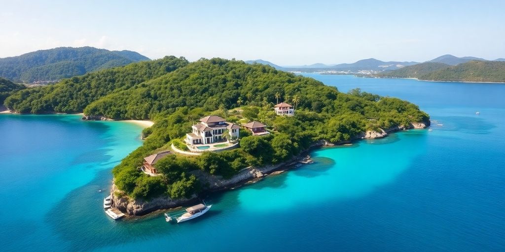 Phuket coastline with villas and lush greenery.