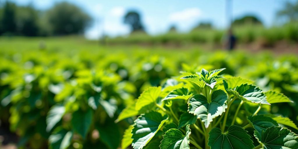 Lush green chia plants under a clear blue sky