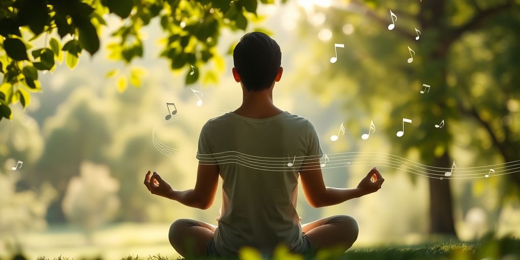 Person meditating in nature with floating music notes.