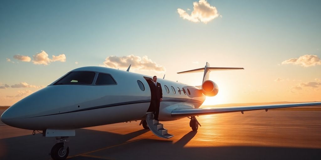White private jet on runway under clear blue morning sky.