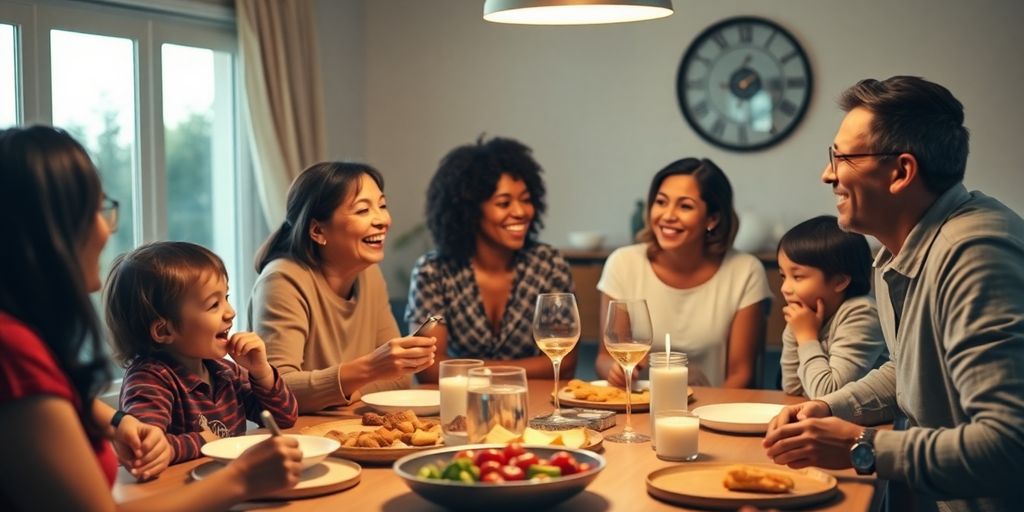 A joyful family sharing stories around a dining table.