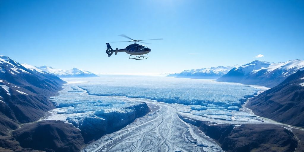 A helicopter flying over a vast Alaskan glacier.