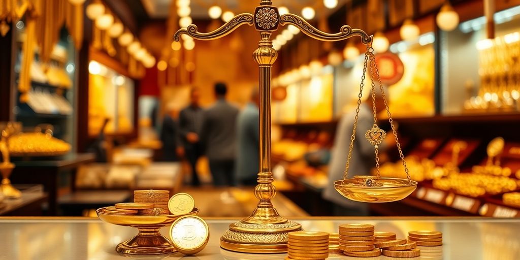 Balance de pièces d'or et bijoux.