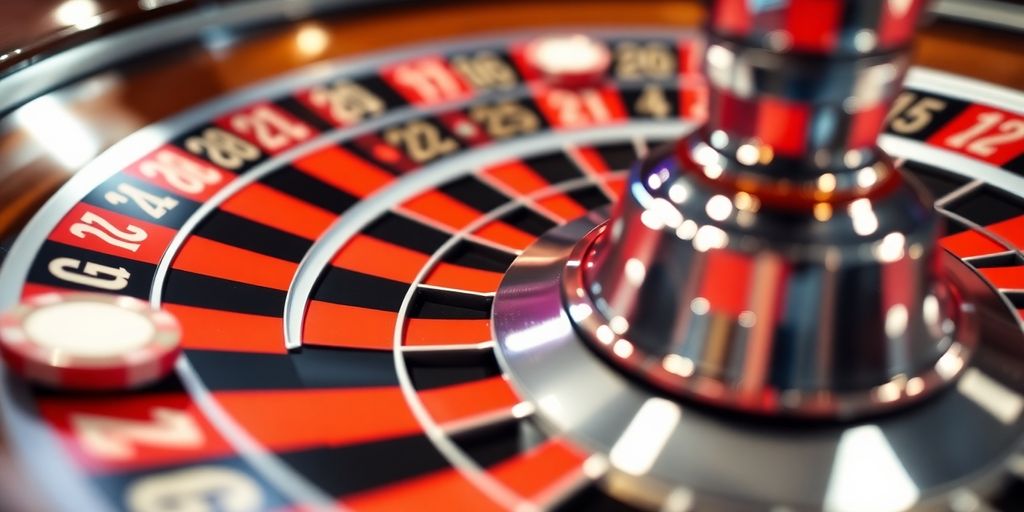 Roulette wheel spinning with casino chips.