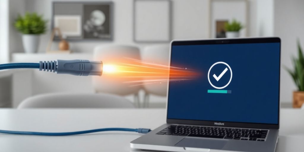 Laptop with a fast internet connection and checkmark.