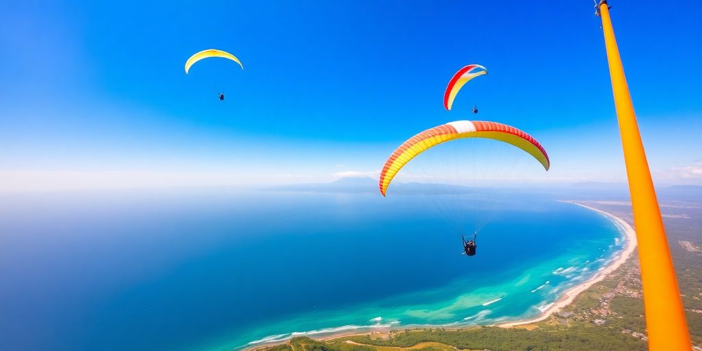 Colorful paragliders soaring over Bali's beautiful landscape.