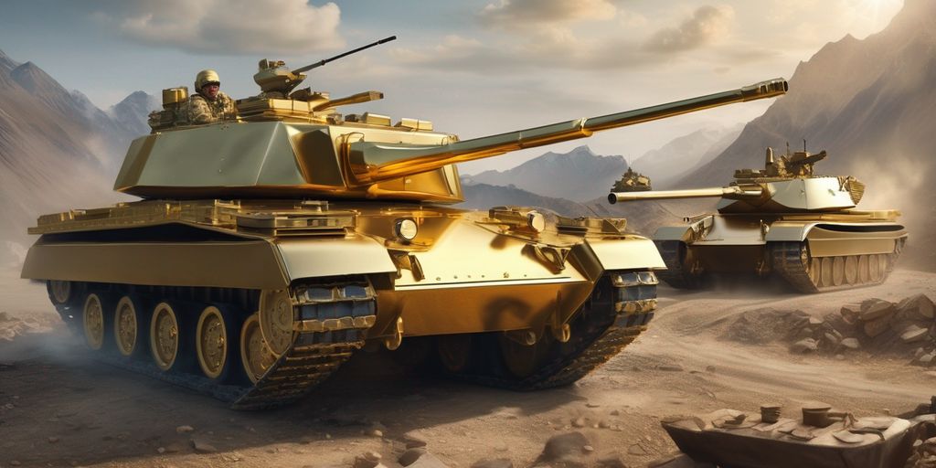 gold bars with a world map background and military tanks