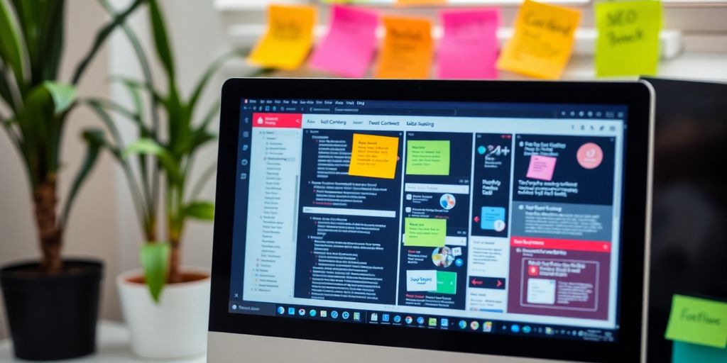 Photograph of a digital workspace with colorful sticky notes.
