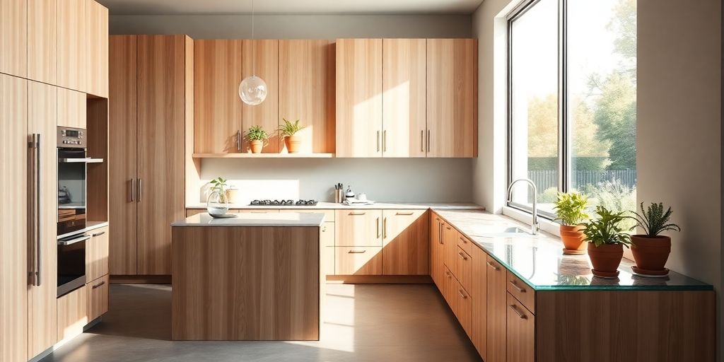 Modern kitchen, natural light, wood cabinets