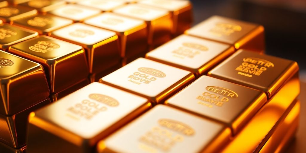 Des barres d'or empilées avec éclat sous une lumière douce.