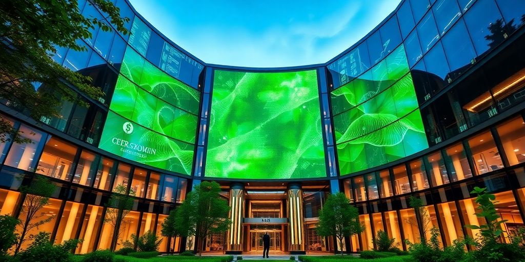 A sleek financial building with digital elements and greenery.