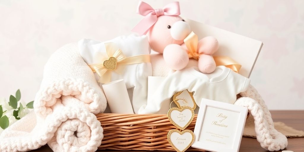 Gift basket filled with essentials for new moms.
