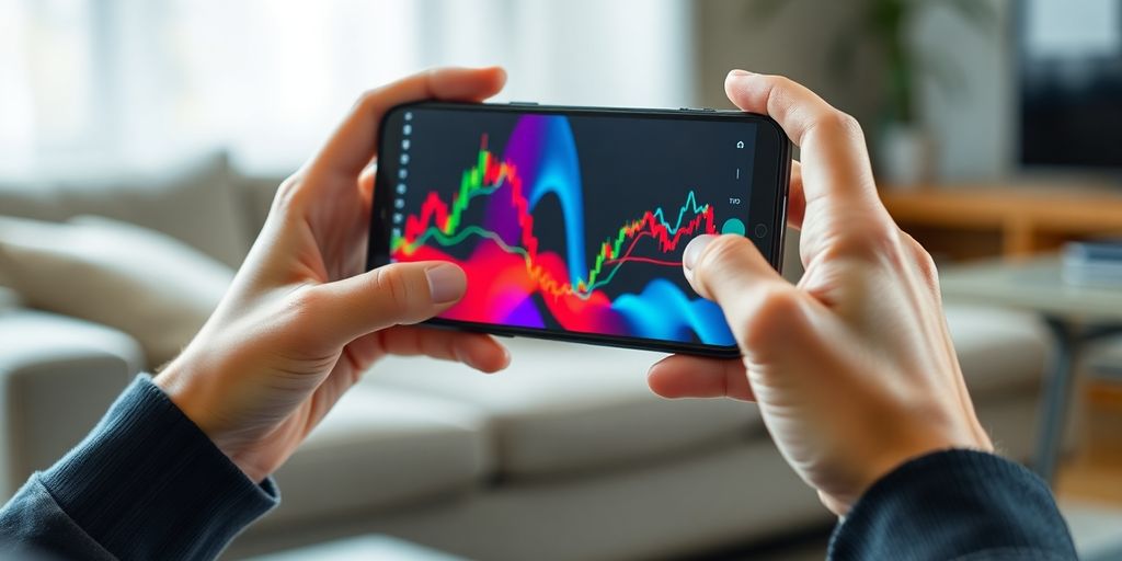 Person's hands holding phone with trading app.