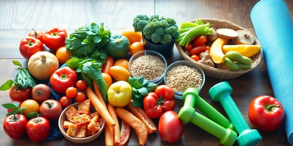 Table with heart-healthy foods, exercise gear.