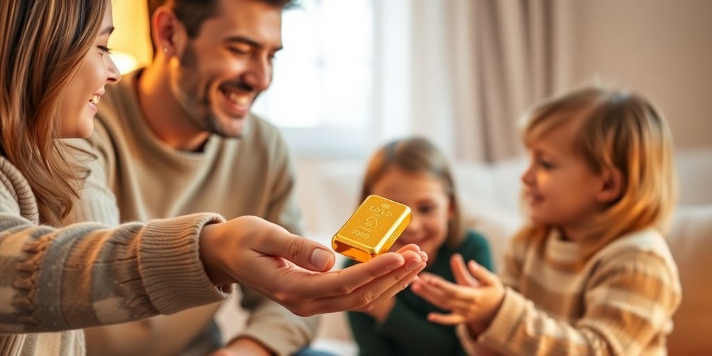 Une famille partageant un lingot d'or.