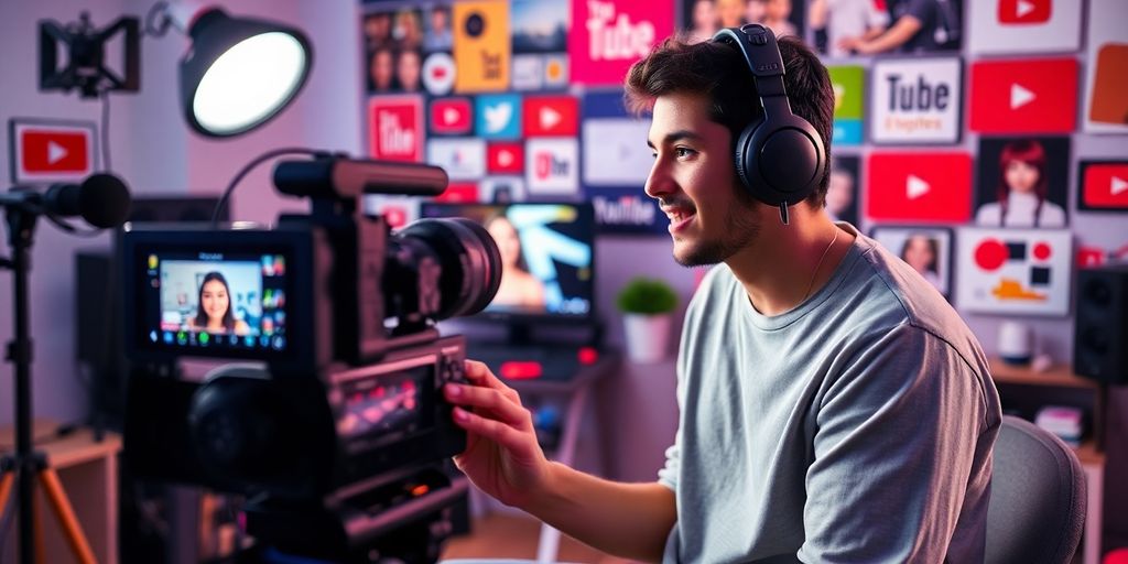 Content creator filming a YouTube video in a lively room.