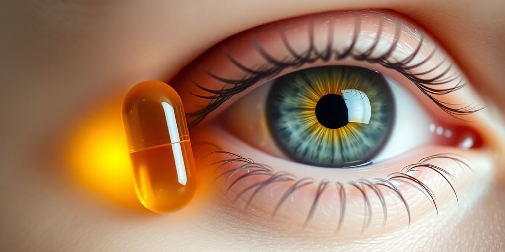 Fish oil capsule near a healthy human eye.