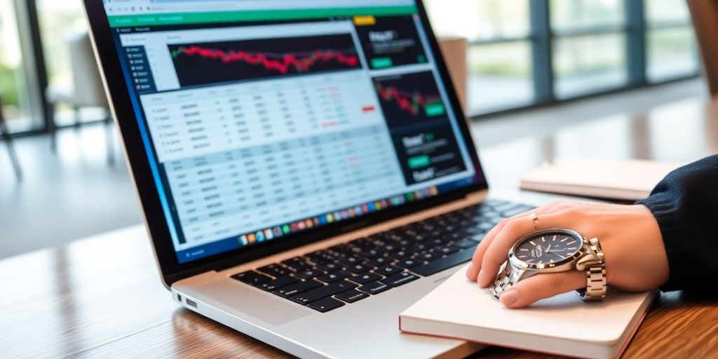 Laptop on desk with trading tools and notepad.