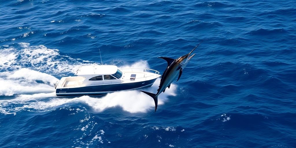 Angler reeling in a huge marlin from a fishing boat.