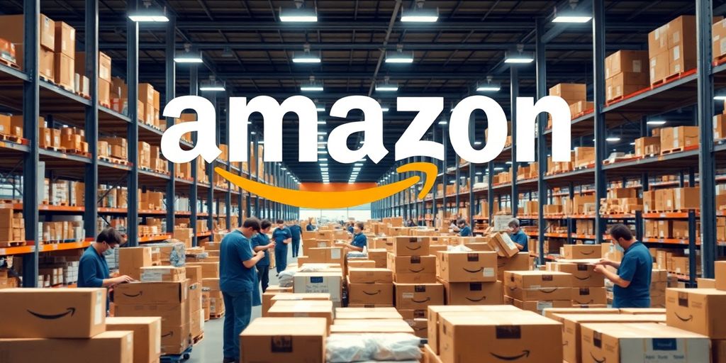 Amazon fulfillment center with workers packing products.
