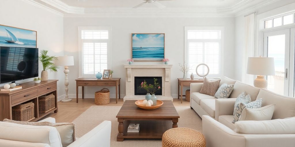 Coastal art decor in a relaxing beach-themed living room.