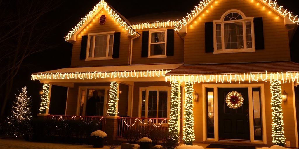 House with permanent Christmas lights glowing at night.