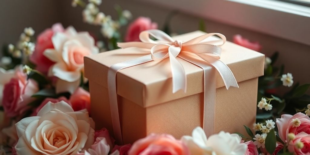 Gift box with ribbon and flowers for the bride.