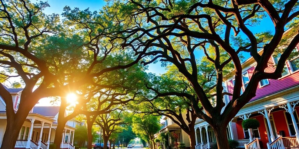 Southern street, historic homes, clear sky, green trees.