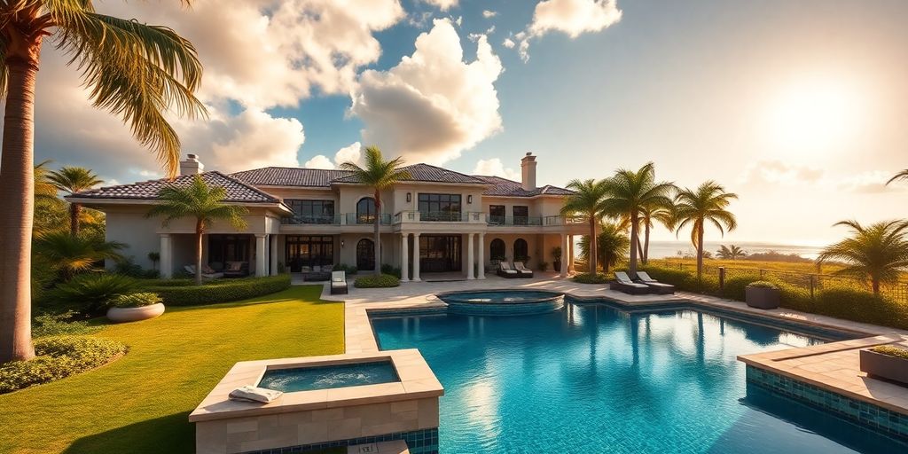 Luxurious Palm Beach home with pool and tropical landscaping.