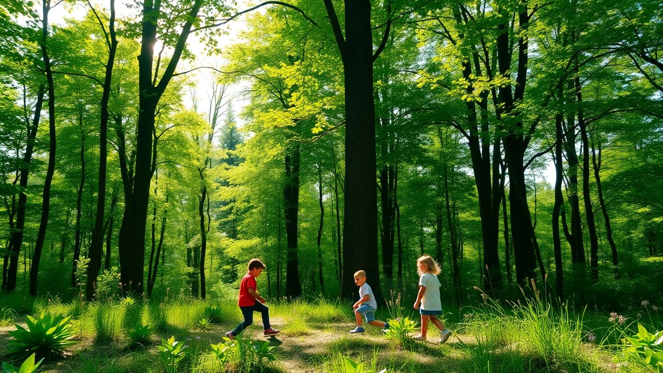 Children playing joyfully in a lush green forest.