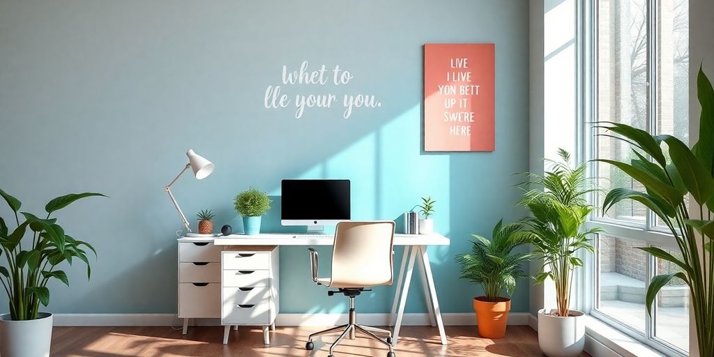 Inspiring workspace with colorful motivational wallpaper and plants.
