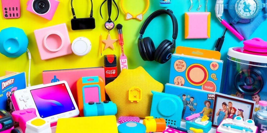 Moderne Spielzeuge für Teenager in bunten Farben.