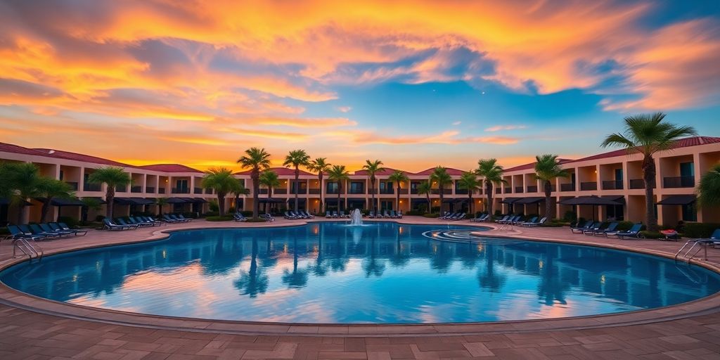 A budget-friendly Los Cabos resort pool at sunset.