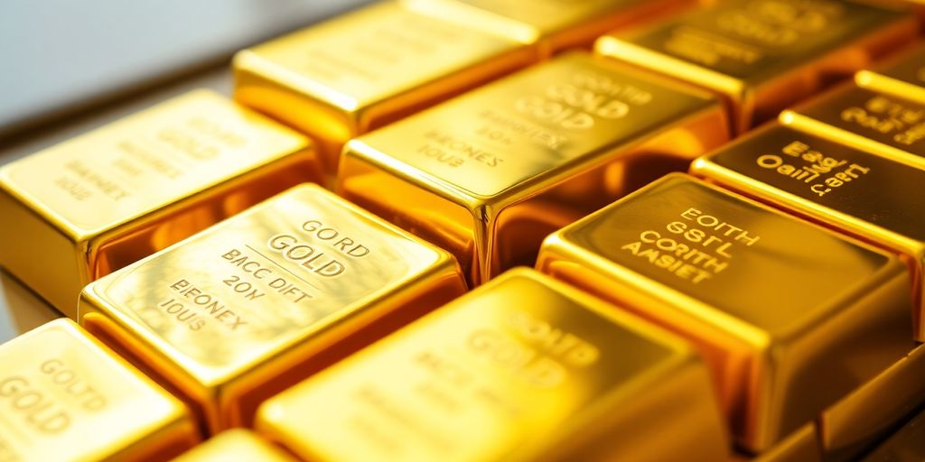 Un gros plan de barres d'or brillantes.